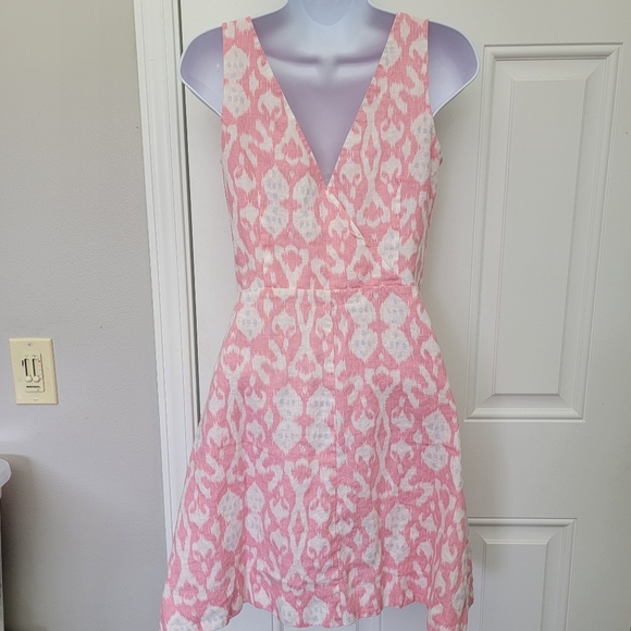 GAP 100% Linen Lined Pink White V Neck Mini Dress Pleated Pockets Size 0 - Picture 6 of 12